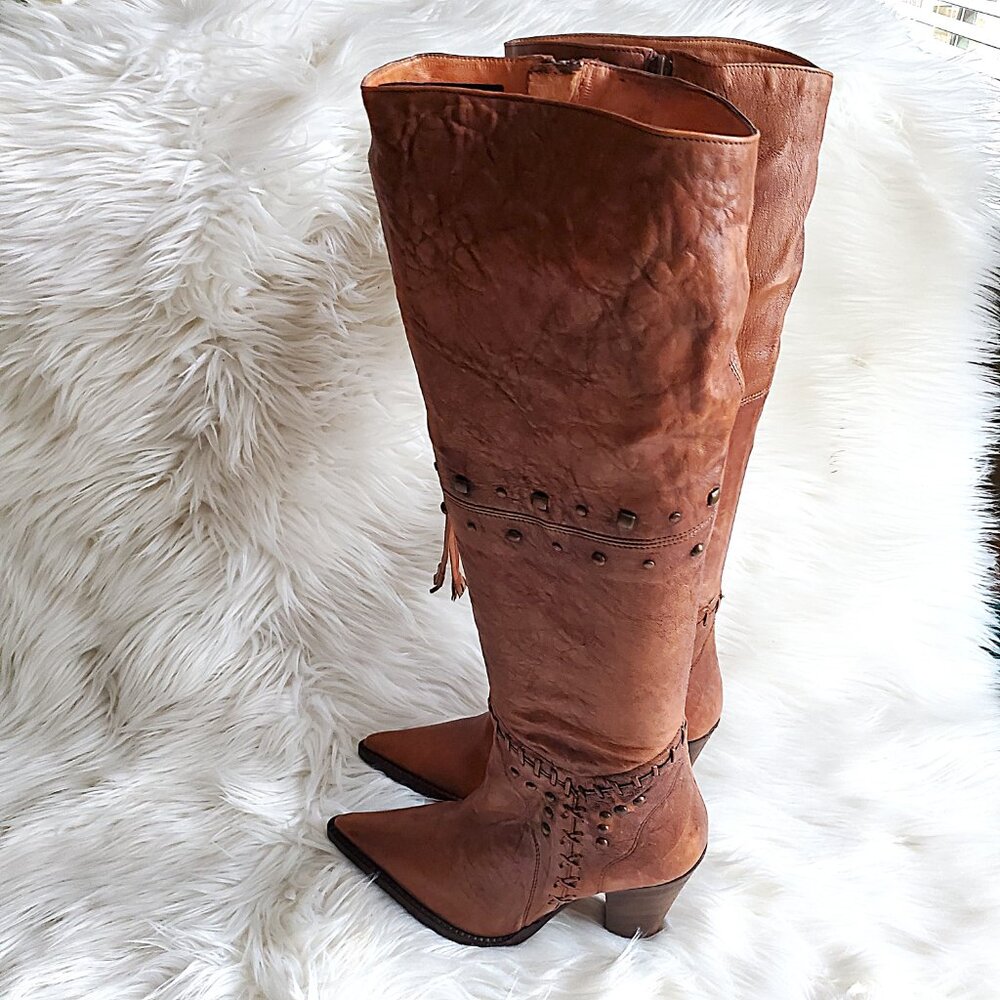 Andre' Cognac Leather Riding Studded Side Zipper Knee High Boot SZ 8 - Picture 5 of 16